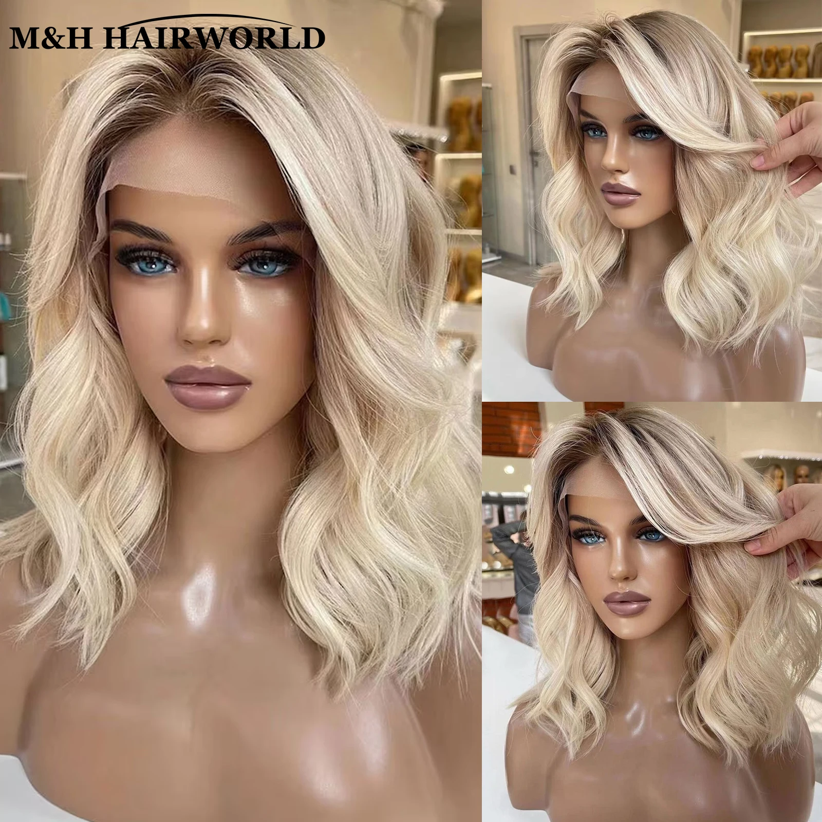 

Ombre Ash Blonde Colored Highlights Bob Wig Short Wavy Synthetic Hair Lace Front Wigs 13x3 Glueless Frontal Lace Wigs For Women