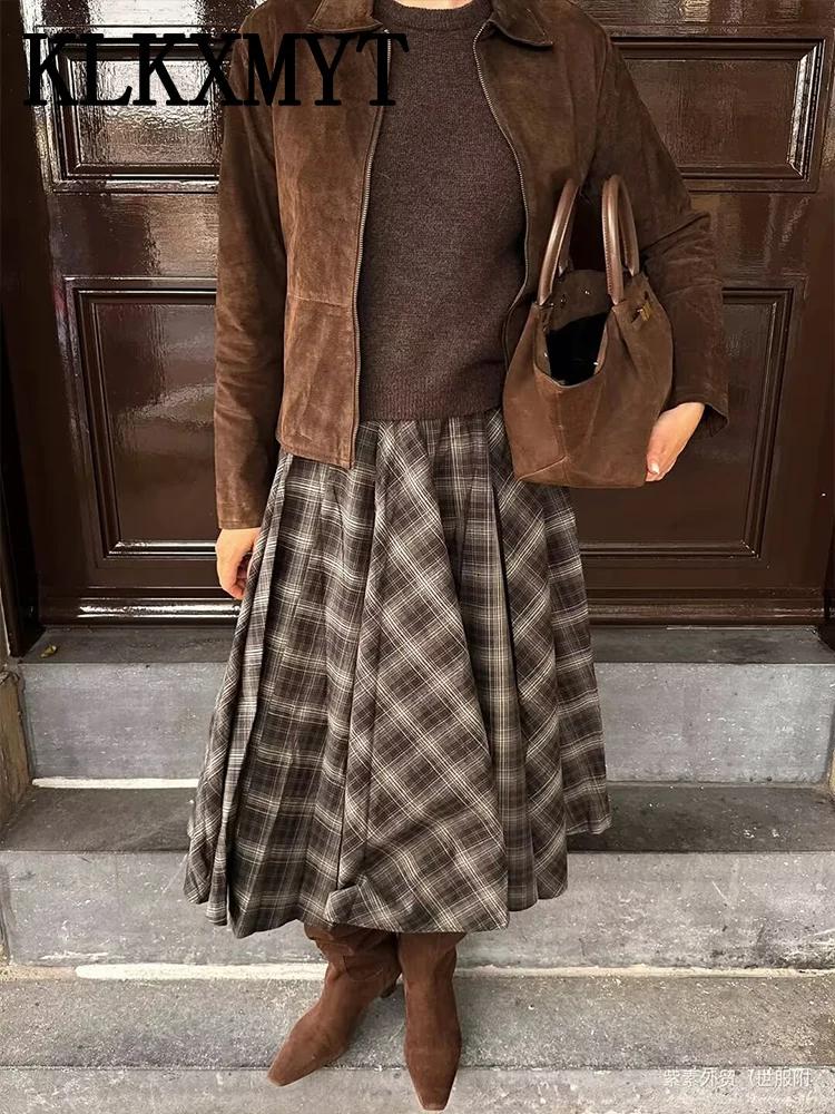 Chic Elegant Long Skirts For Women Fashion Check Pleated Midi Skirt High Street Casual Women's Skirt Temperament New Skirts