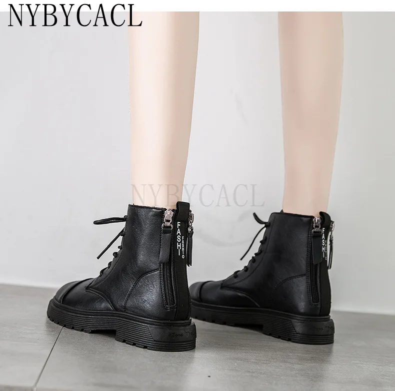 Black Boots Women's Cow Leather Shoes Platform Chunky Boots Lace Up Ankle Boots Winter Autumn Zip Shoes Brand 2022 New