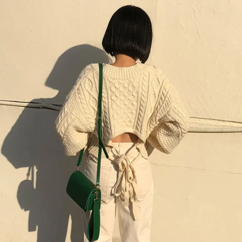 New Women's Autumn and Winter Fashion V-neck Knitted Short Long-sleeved Sweater Loose Casual Back Lace-up Knitted Top