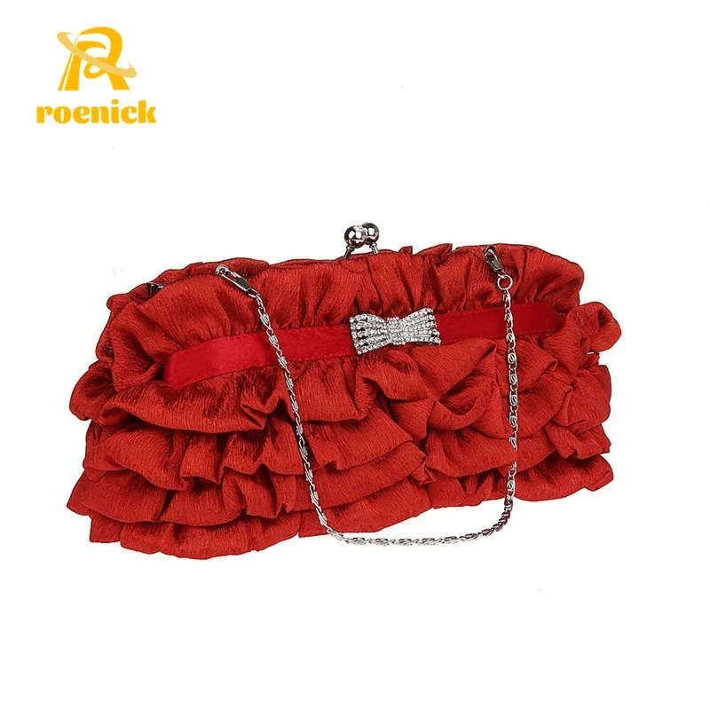 

ROENICK Women's Chiffon Lace Evening Bags Banquet Party Bow Rhinestone Clutch Chain Shoulder Handbags Luxury Mini Minaudiere