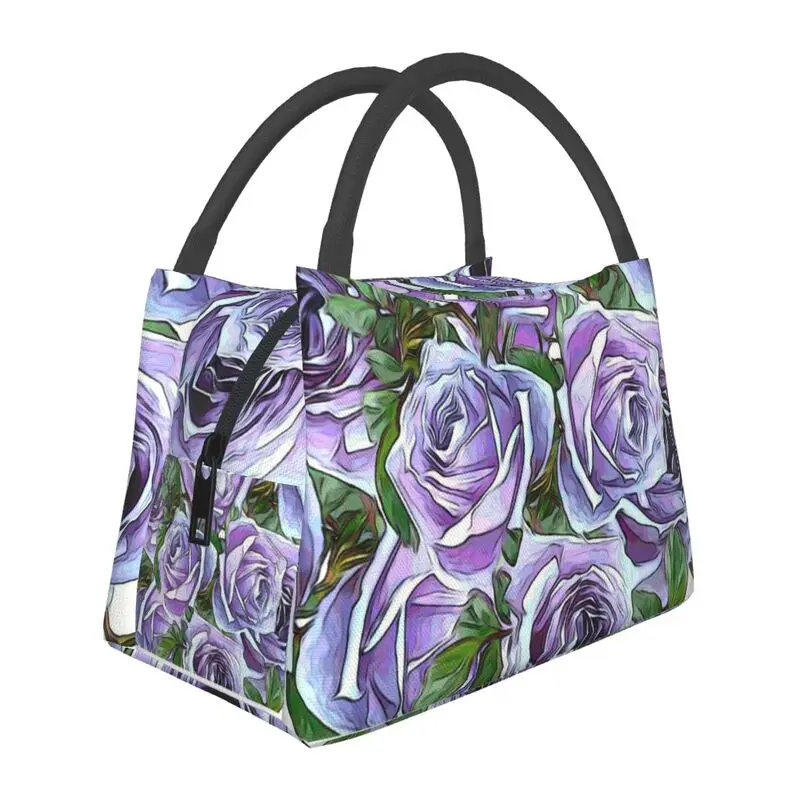 

Purple Roses Thermal Insulated Lunch Bag Women Floral Pattern Portable Lunch Tote for Work Travel Multifunction Meal Food Box