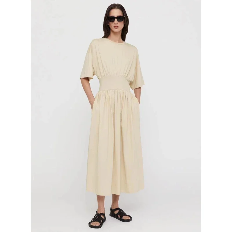 

4 Colors TT Waist-cinch Beach Dress Women's Commuter Style Round Neck Organic Cotton Short Sleeves Midi Skirt