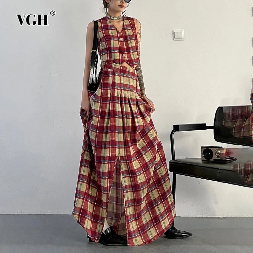 

VGH Hit Color Plaid Printing Two Piece Set For Women V Neck Sleeveless Vest High Waist A Line Split Skirts Casual Sets Female