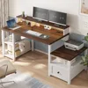 63" Computer Desk with Drawers Cabinet, Office Desk with Power Outlets, Home Office Desks with Shelves Monitor Stand, Farmhouse 6