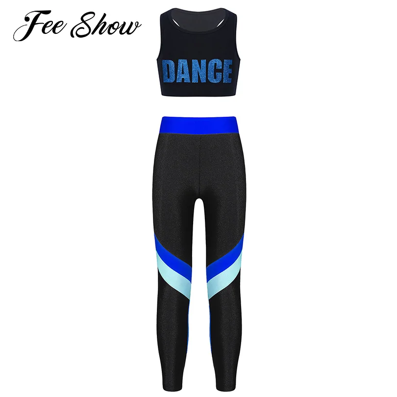 

Kids Girls Sportswear Running Yoga Sports Suit Outfits Sleeveless Racer Back Crop Top with Colorblock Leggings for Gym Dancewear
