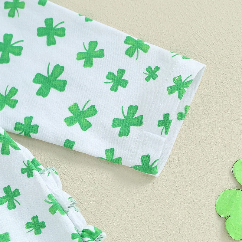 Citgeett Spring St. Patrick's Day Infant Baby Girls Jumpsuit Long Sleeve Clover Print Footed Romper Headband Clothes