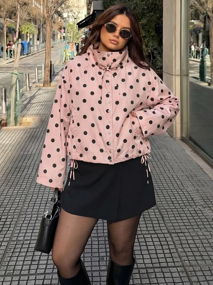 HH Casual Women Pink Polka Dot Jacket 2026 Spring Fashion Long Sleeve Front Buttons Stand Loose Windbreak Coat Female Outerwear