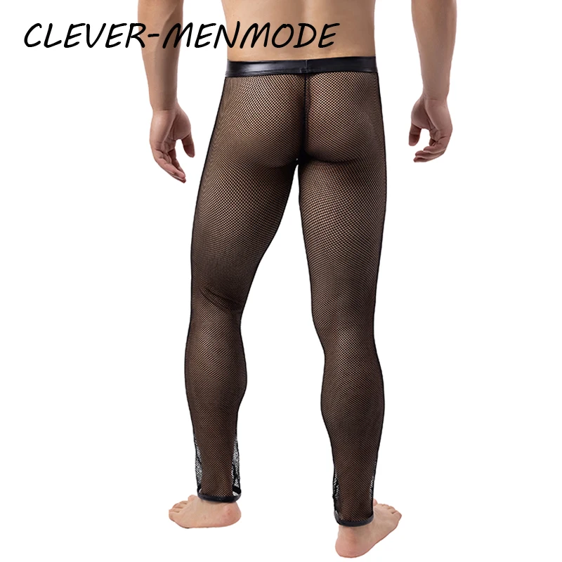 CLEVER-MENMODE Sexy Fishnet PU See-Through Transparent Trousers Men's Porn Mesh Leggings Sissy Exotic Pajama Pants