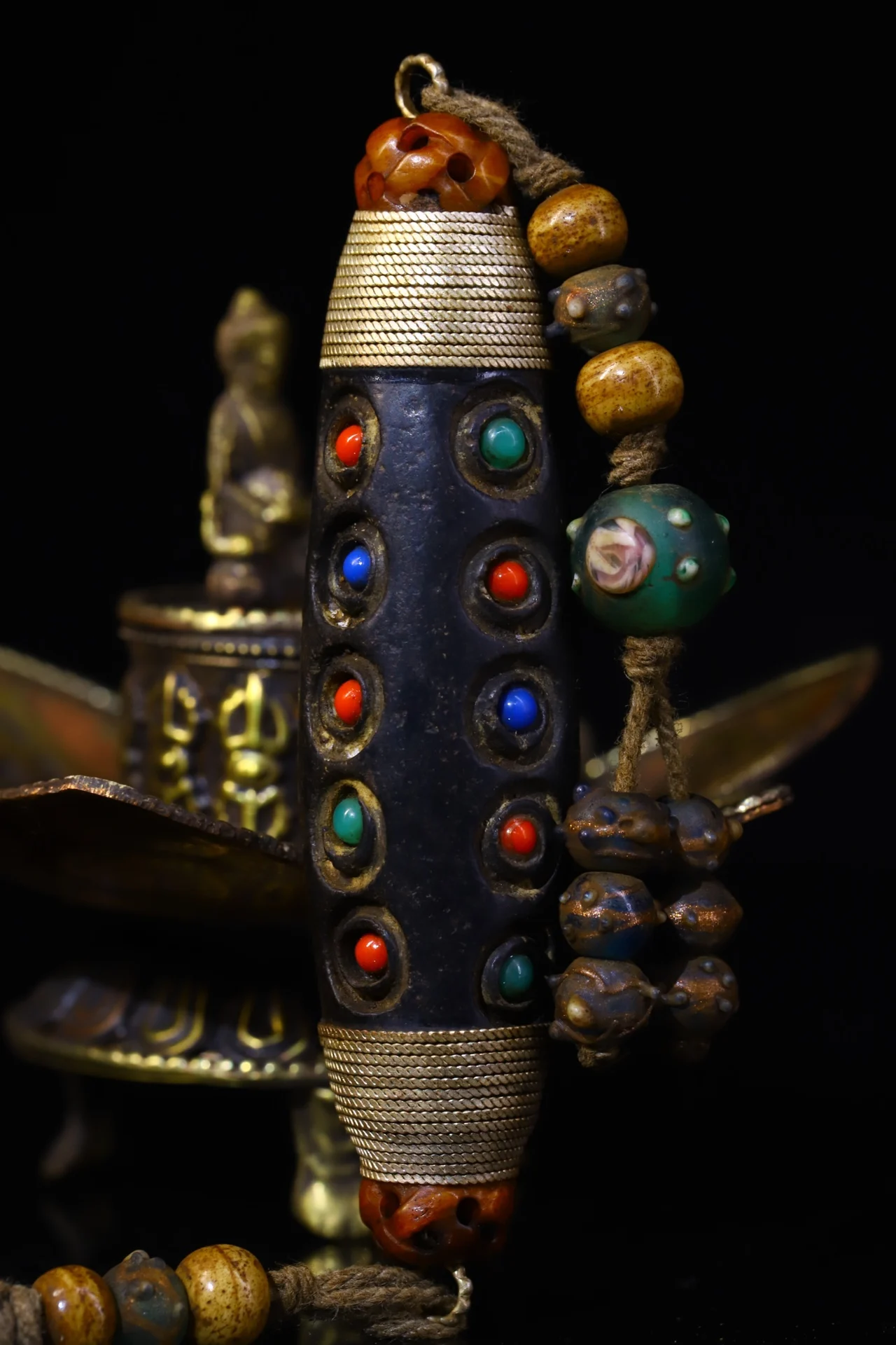 

4"Tibetan Temple Collection Old Natural Agate Mosaic Gem Dzi Beads nine eyeballs pendant Amulet Town house Exorcism