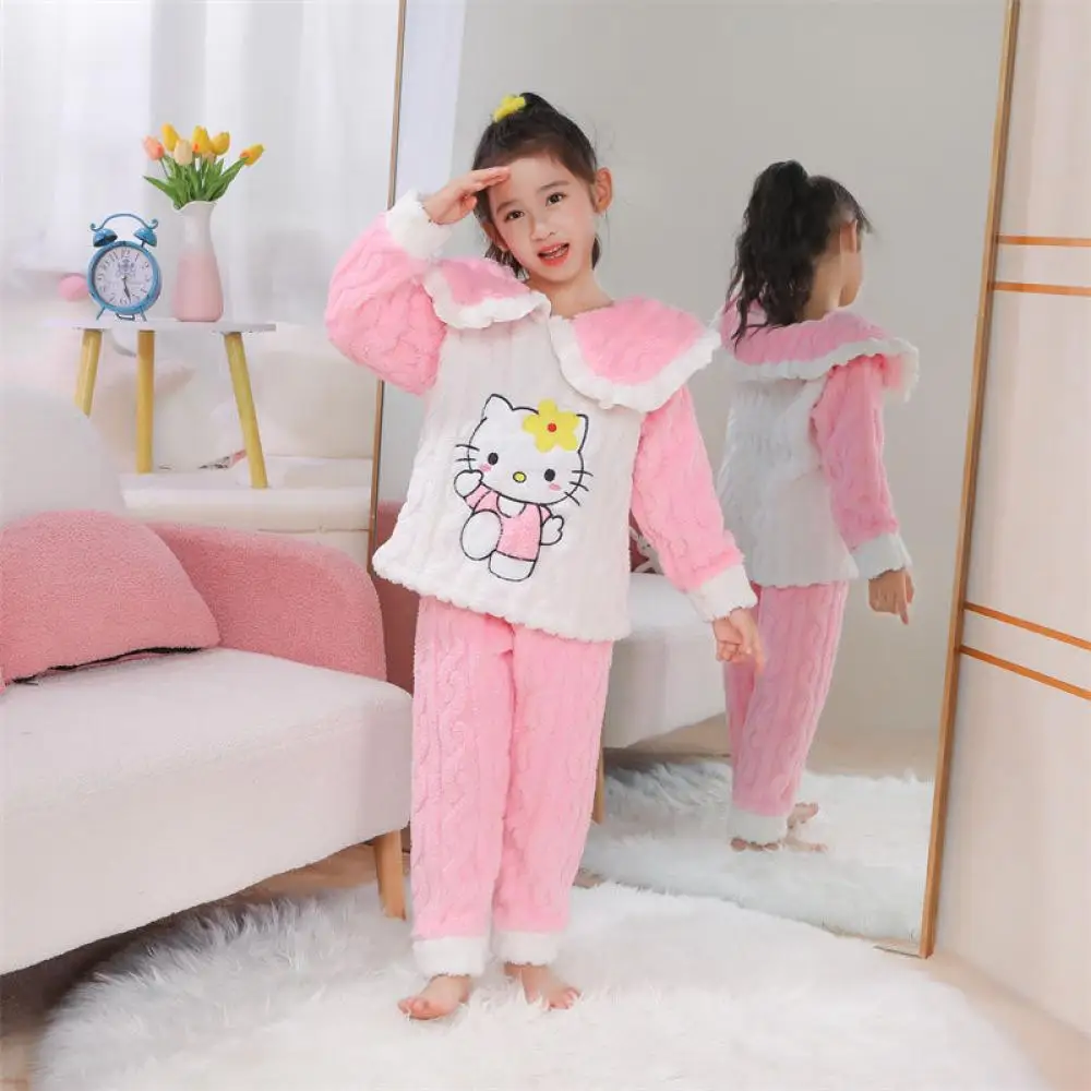 

Kawaii Sanrio Hello Kitty Cinnamoroll Flannel Pajamas Girls Autumn Winter Plush Warm Sleepwear Anime Cartoon Kids Homewear Gift