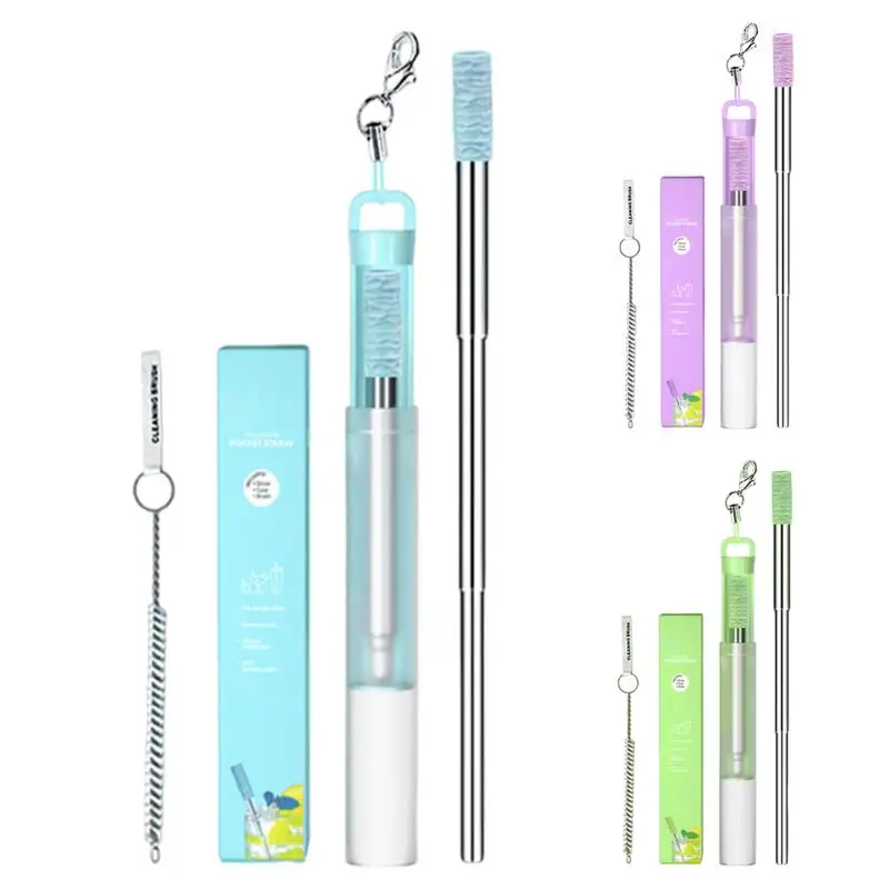 

Reusable Stainless Steel Drinking Straws Portable Drinking Straw Collapsible Straws with Aluminum Keychain Case Cleaning Brush