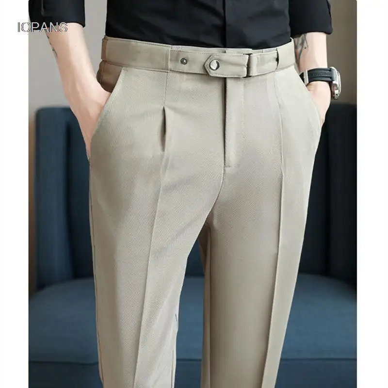 Pleated Formal Suit Pants For Men Ankle Length Summer Slim Fit Korean