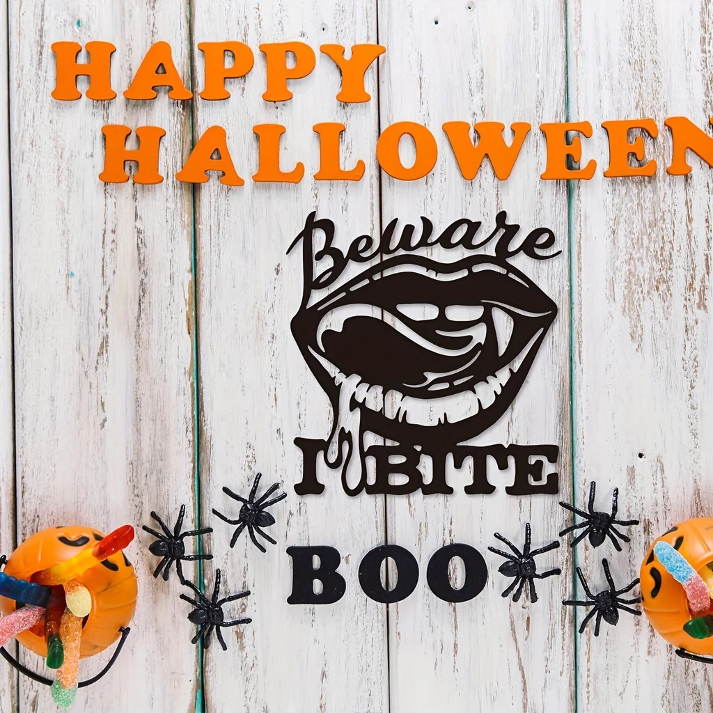 

1pc, Halloween Beware I Bite, Place Sexy Biting Lips Wall Decor - Vampire Metal Wall Art Decor Home Interior Bedroom Ideas Gift