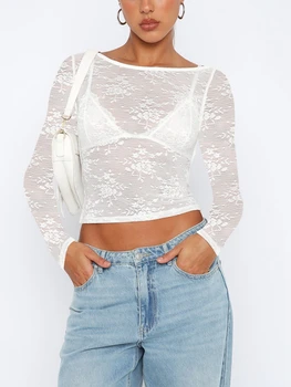 Women's Summer Sheer Crop Tops Long Sleeve Open Back Lace Floral Going Out Tops 3