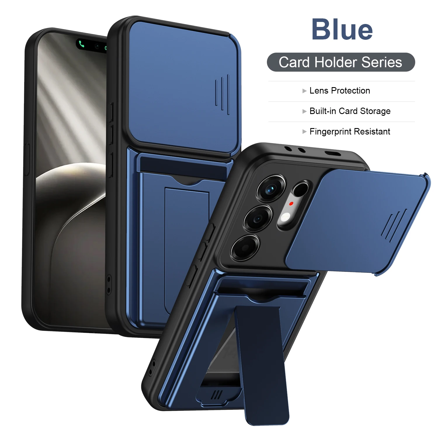 Enhanced Shockproof Armor Phone Case with Slide Lens Cover, Card Holder, and Kickstand