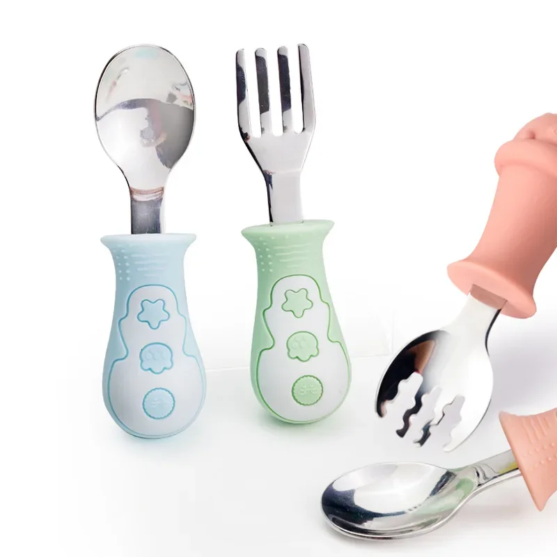 

Новая вилка, силиконовая детская посуда, детская столовая ложка из нержавеющей стали и силикона с короткой ручкой, ложка-вилка из силикона, детская ложка-вилка