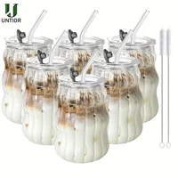 Tasse en verre à motif Vertical avec paille et couvercle, réutilisable, lavable au lave-vaisselle, pour café glacé, Latte, eau, jus Matcha, 2/4 pièces 1