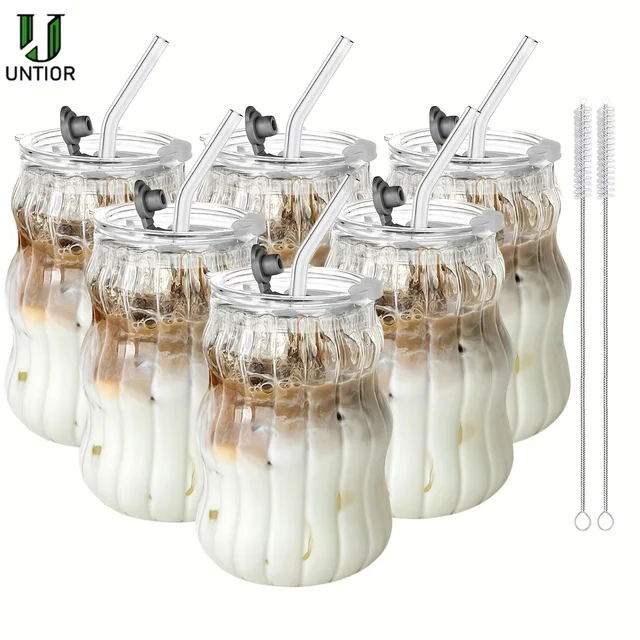 Tasse en verre à motif Vertical avec paille et couvercle, réutilisable, lavable au lave-vaisselle, pour café glacé, Latte, eau, jus Matcha, 2/4 pièces 1