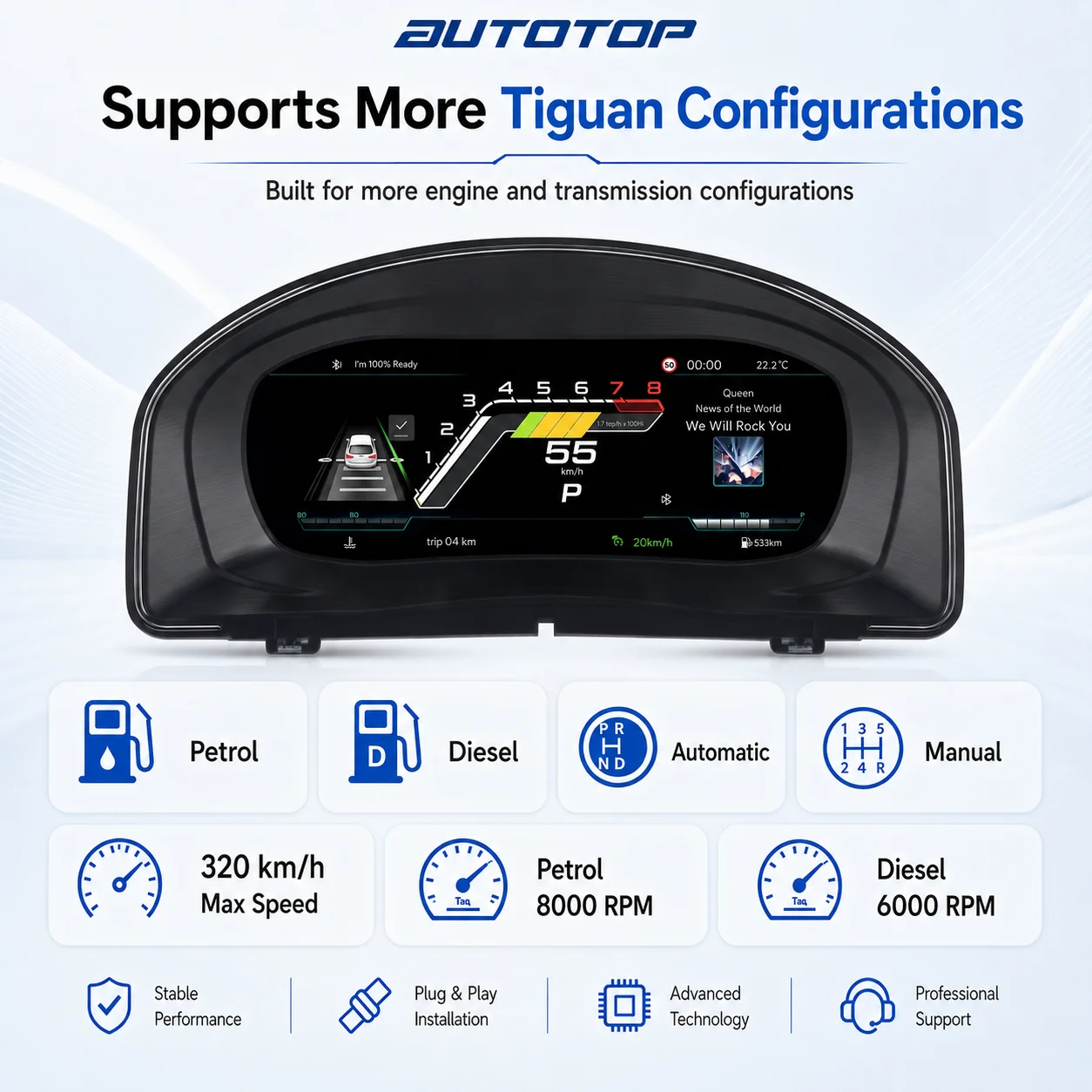 AUTOTOP Tablero de Instrumentos Digital de 12.3" para Volkswagen VW Tiguan 5N 2009-2017, Panel de Instrumentos LCD Completo con Pantalla Virtual, Velocímetro, Tacómetro, Reemplazo Inteligente para Tablero de Instrumentos, Compatible con CarPlay, Android Auto, AirPlay, AutoLink, Visualización de Datos del Vehículo. 7