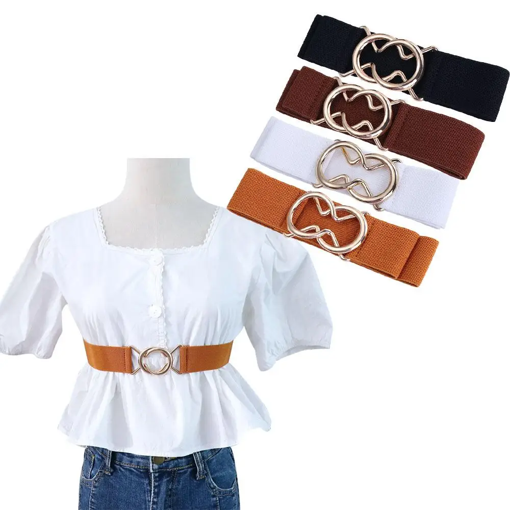 

Украшение для платья с геометрической пряжкой, двойной Круглый женский пояс, женский ремень на талию, эластичный пояс, золотистый ремень с круглой пряжкой
