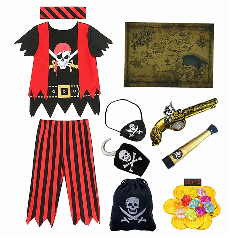 Boys Pirate Skull Dress Up Clothes Kids Printed Striped T-Shirt Pants Partywear Captain Jack Adventure Pirate Toys Gifts