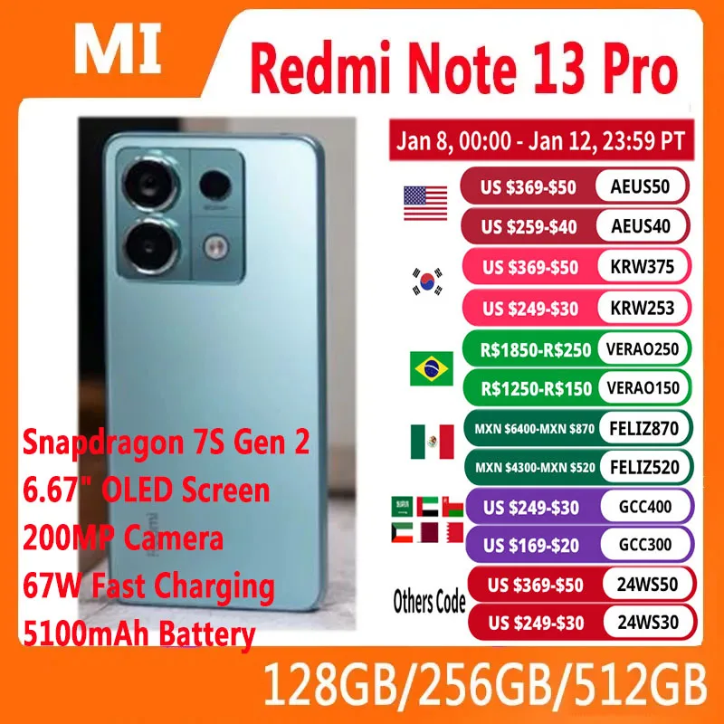 Xiaomi Redmi Note 13 Pro 5G Smartphone 6.67 inch 120Hz Snapdragon 7S Gen 2  Octa Core 5100mAh Battery 67W Fast Charge NFC