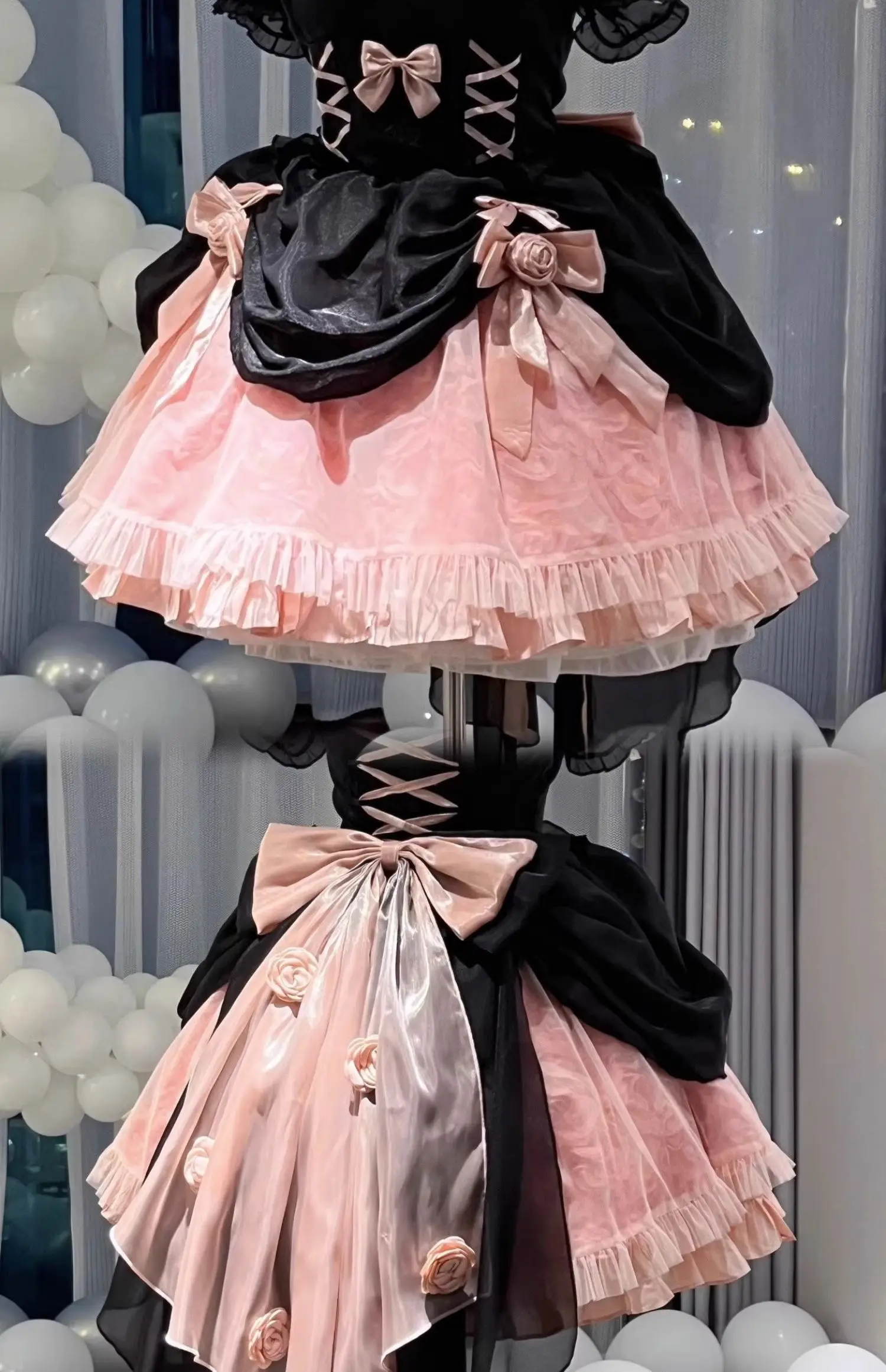 ロリータドレス オフショルダー ピンク ロリータ ドレス＋帽子セット 通年 ピンク フレア ミディアム 七