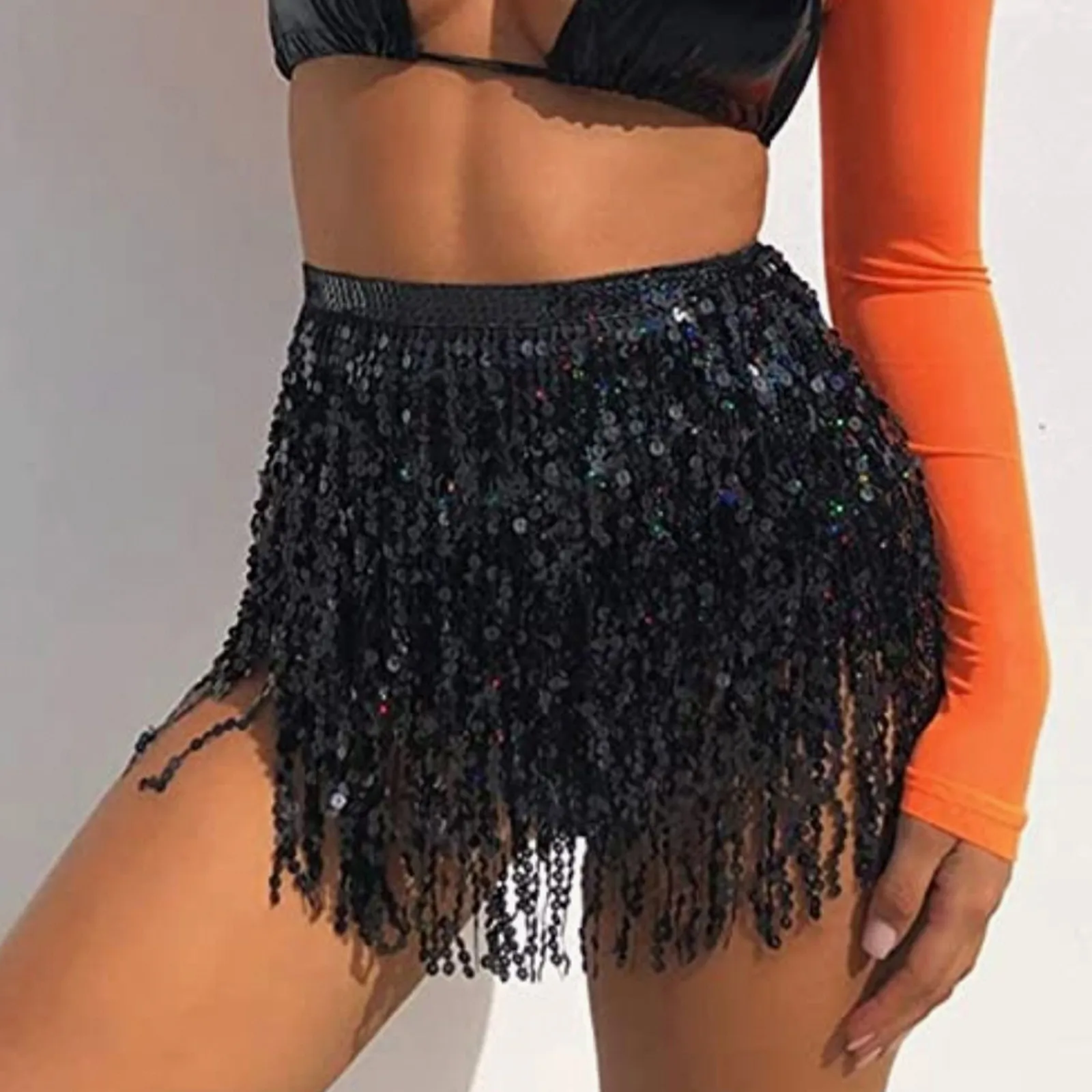 

Женская короткая юбка-накидка с цепочкой на талию, черная накидка на бедра, шарф с блестками, юбка с кисточками, летний сексуальный купальный костюм, пляжная одежда