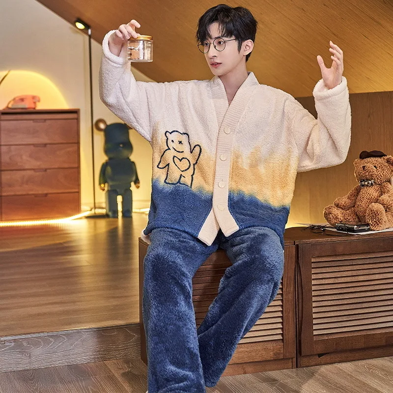 Winter Men's Flannel Pajamas Set V-neck Coral Velvet Cardigan Plush Thickened Warm Home Clothing Loose Casual Sleepwear