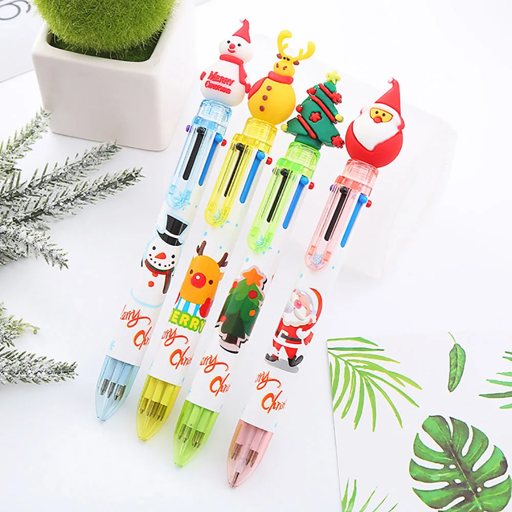 4Pcs Christmas 6 Color Ballpoint Pen Student Press-type Color Pen Santa Claus Presses The Ballpoint Pen 0.5mm School Stationery