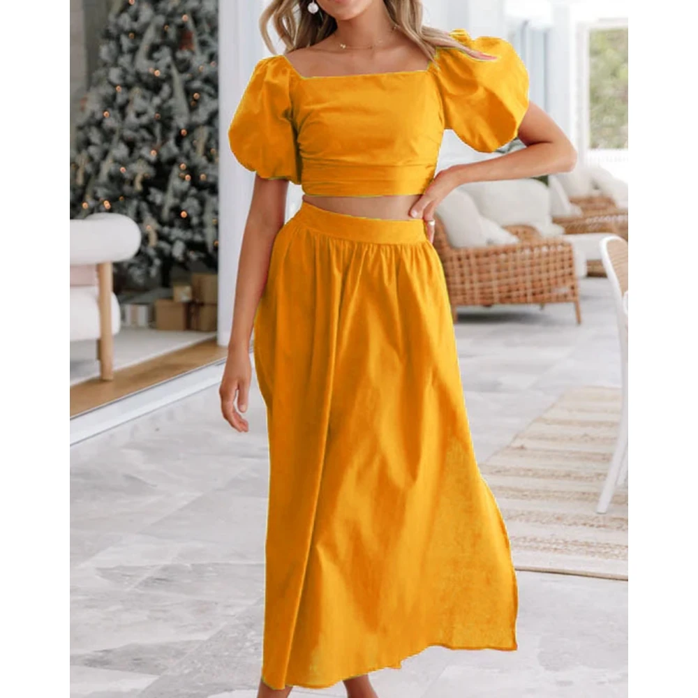 

Summer Fashion Women Square Neck Puff Sleeve Back Shirring Buttoned Design Crop Top & Midi Skirt Set Casual Two Piece Dress Suit