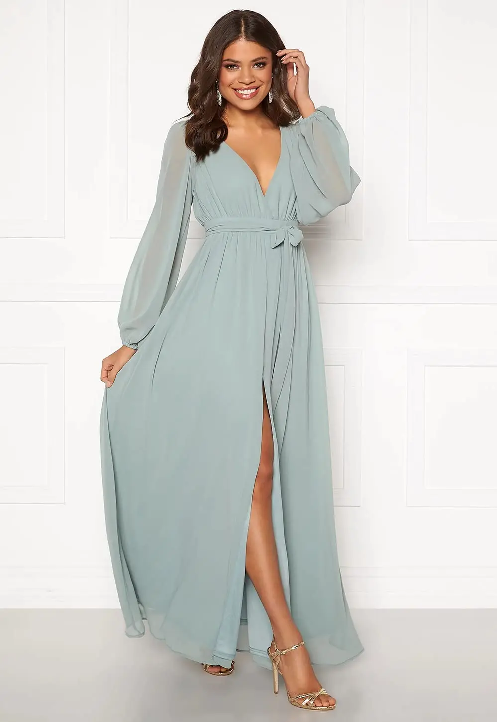 V Neck Evening Dresses  فساتين السهرة Long Chiffon A Line Formal Party Dress Long Sleeve robes de soirée with Slit for Women cheap prom dresses