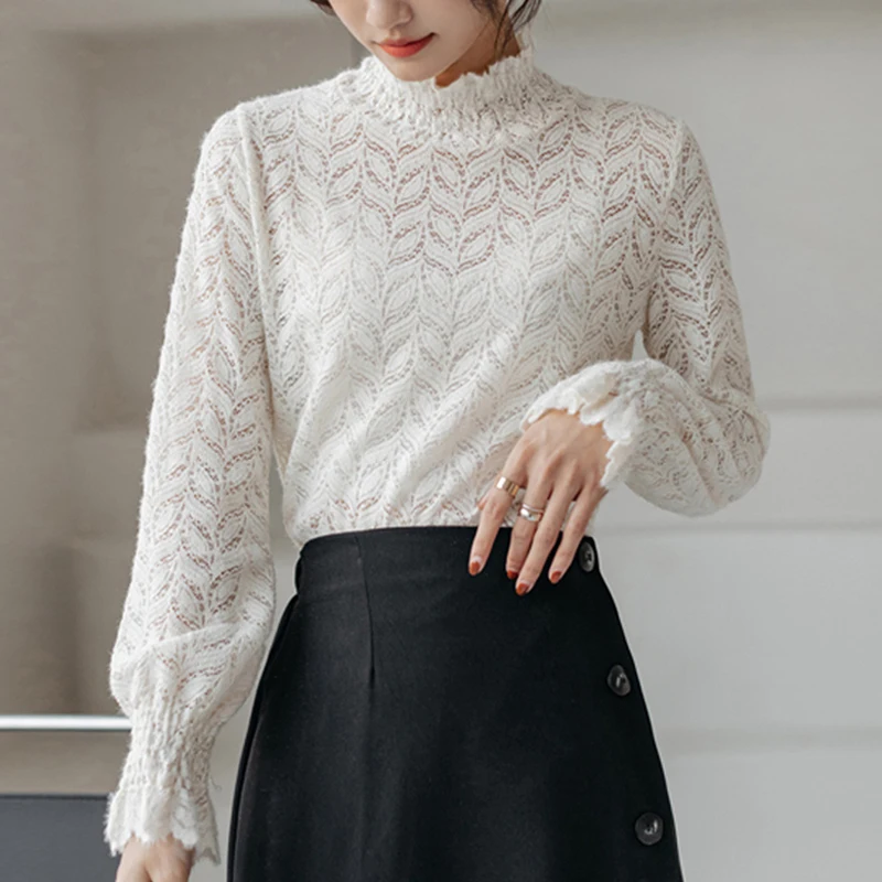 

Fashion Turtleneck Lace Blouse Women Spring 2023 Autumn Hollow Elegant Crochet Simple Shirt Ladies Casual Long Sleeve Tops 28816