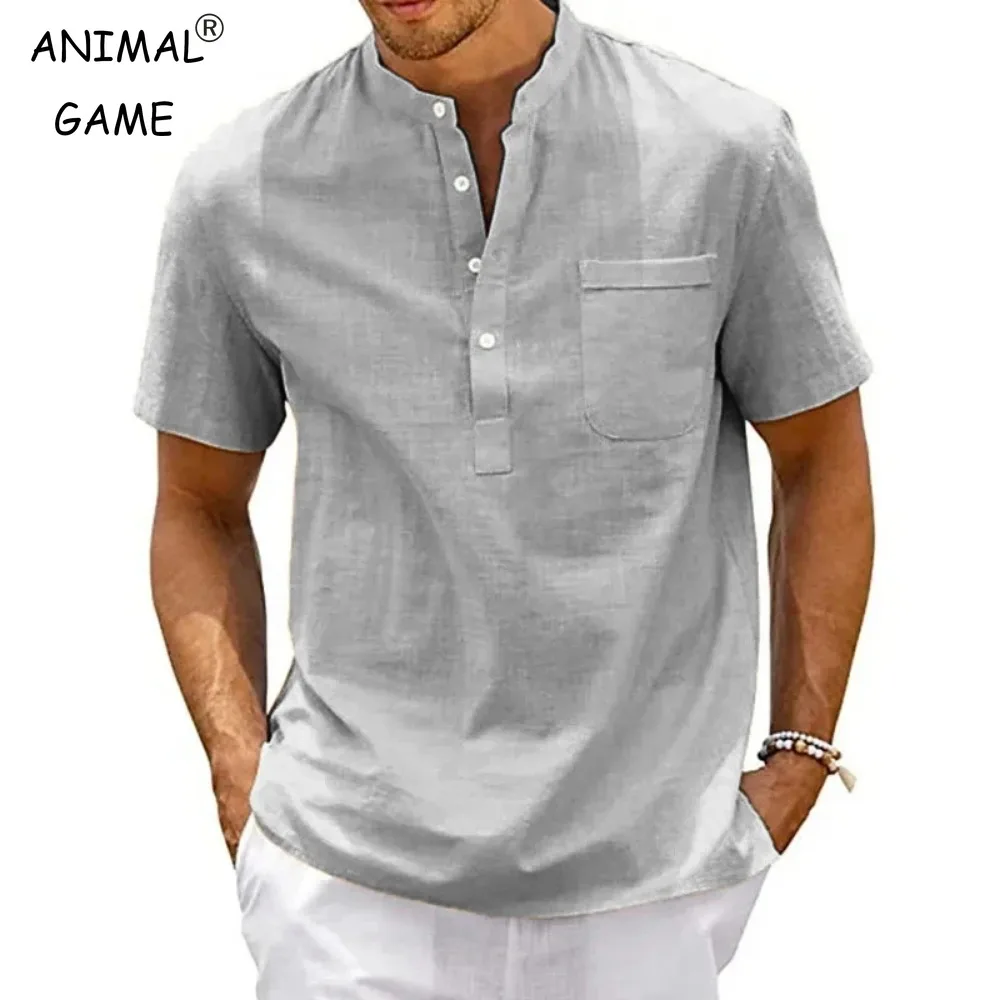 남성용 반팔 티셔츠, 스탠드 칼라, 루즈 풀오버, 단색 셔츠, 얇고 부드럽고 편안한 단추 티셔츠, 여름 신상