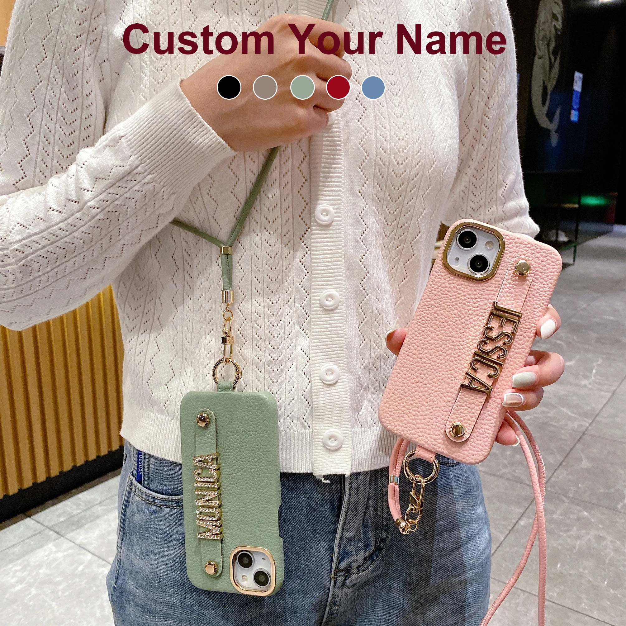 Personalized lychee leather iPhone15 14 13 12 11Pro Max Plus Phone case design belongs to your name diamond metal letter lanyard