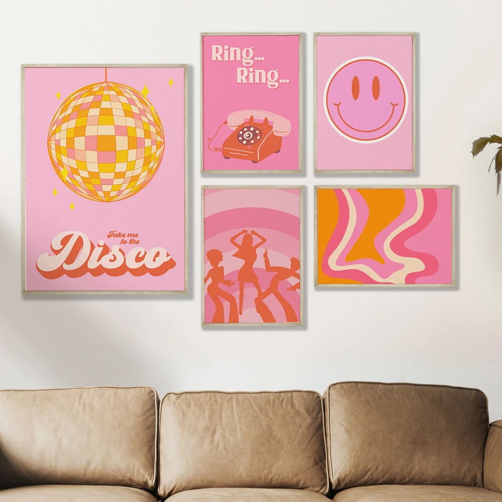 60s Disco Posters Pink and Orange Smiley Dance Telephone Canvas Painting  Nordic Modern Wall Pictures for Living Room Home Decor - AliExpress