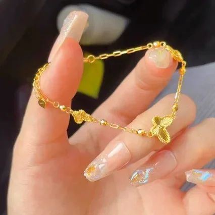Boutique 24K pure gold laser butterfly gold ladies bracelet super shiny butterfly jewelry AU999 real lucky beads hand jewel