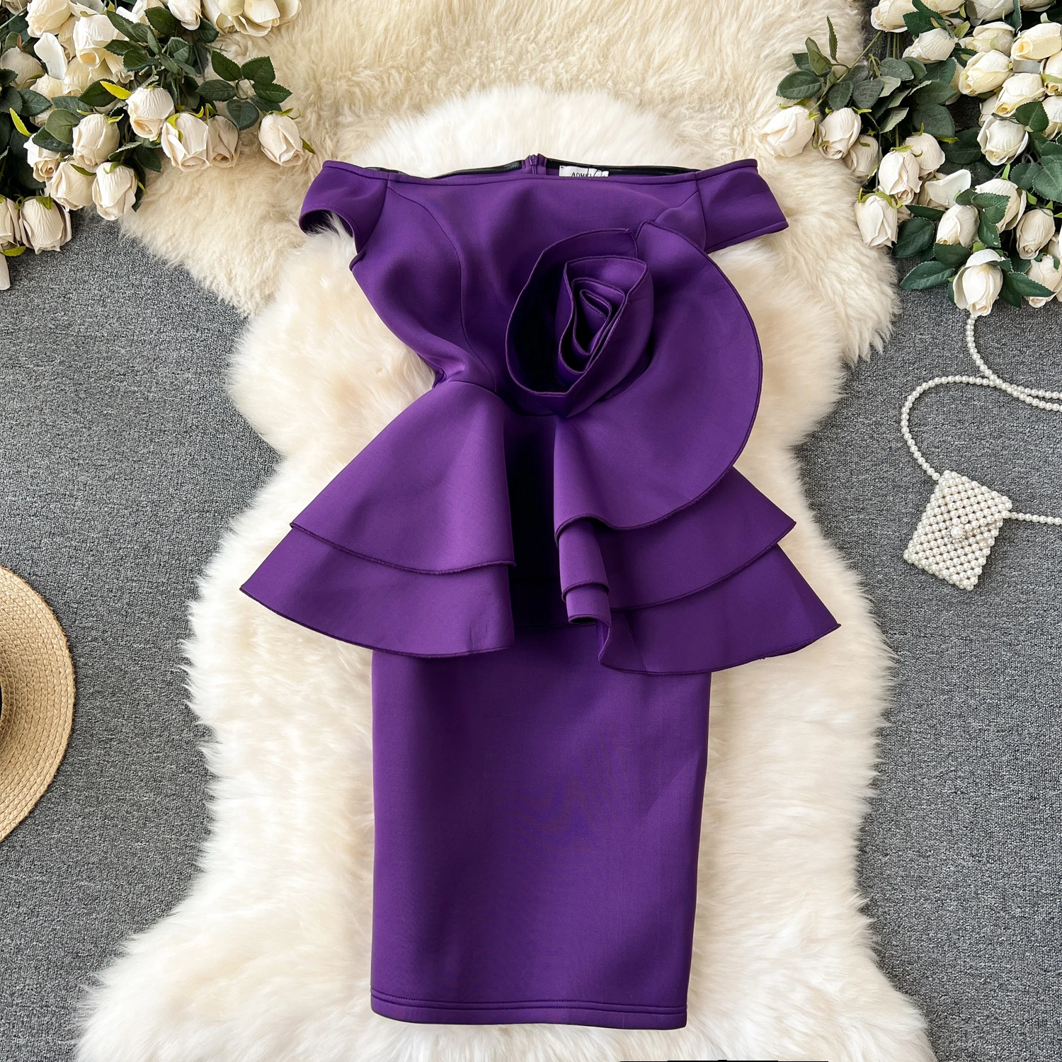 

Clothland Women Sexy Ruffled Midi Dress Slash Neck Off Shoulder Flower Zipper Split Party Event Club Special Dresses QD213