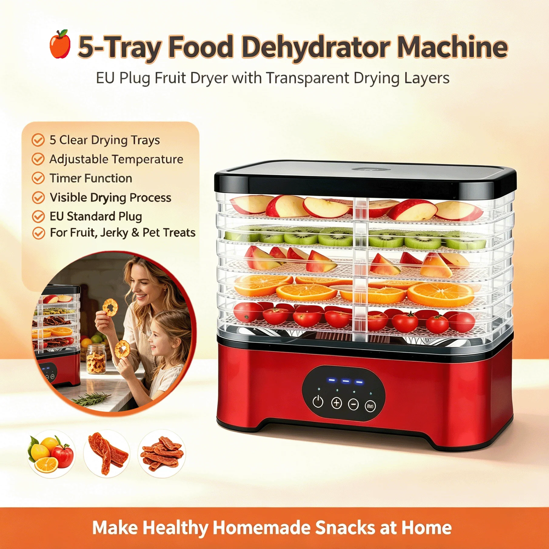 Déshydrateur alimentaire à 5 plateaux, prise UE, température et minuterie réglables, plateaux de séchage transparents, pour viande séchée, friandises pour animaux, légumes et collations 1