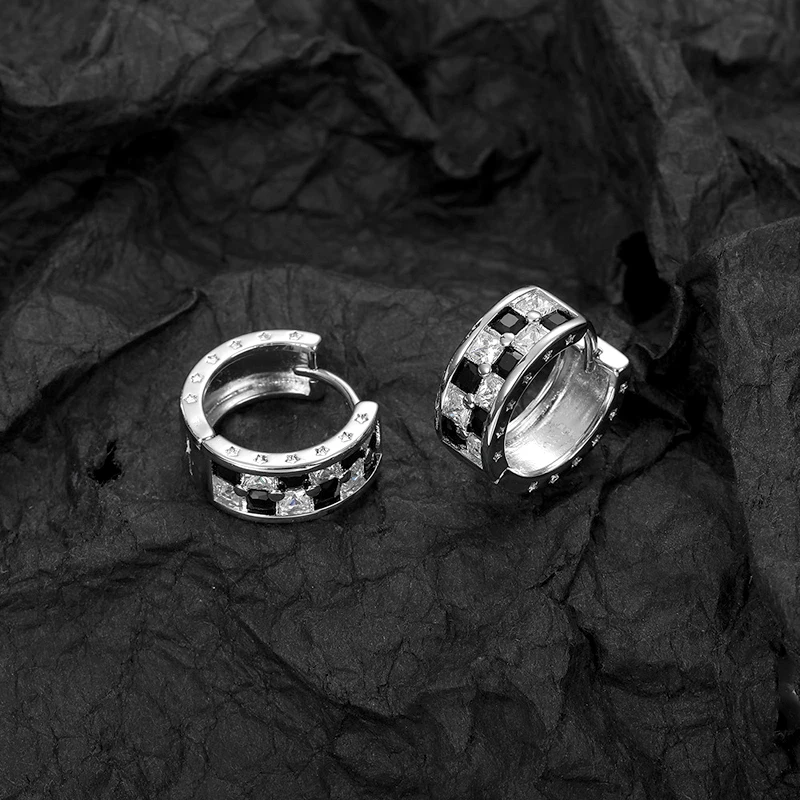 Neue Punk Rock Mädchen & Männer Schwarz Kristall Strass Gitter Design Erweitern Creolen Frauen Schmuck 925 Sterling Silber Ohr Kreis – Detail 11