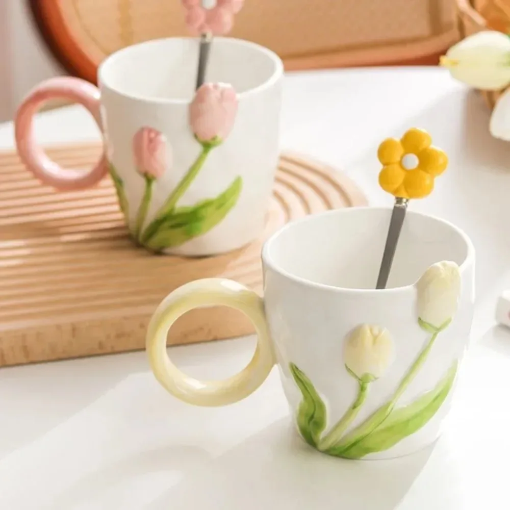 

450mlCoffee Cups milk cup Creative Ceramic Mugs Household Cute Water Bottles High Value Tulip Large Capacity Cup Breakfast