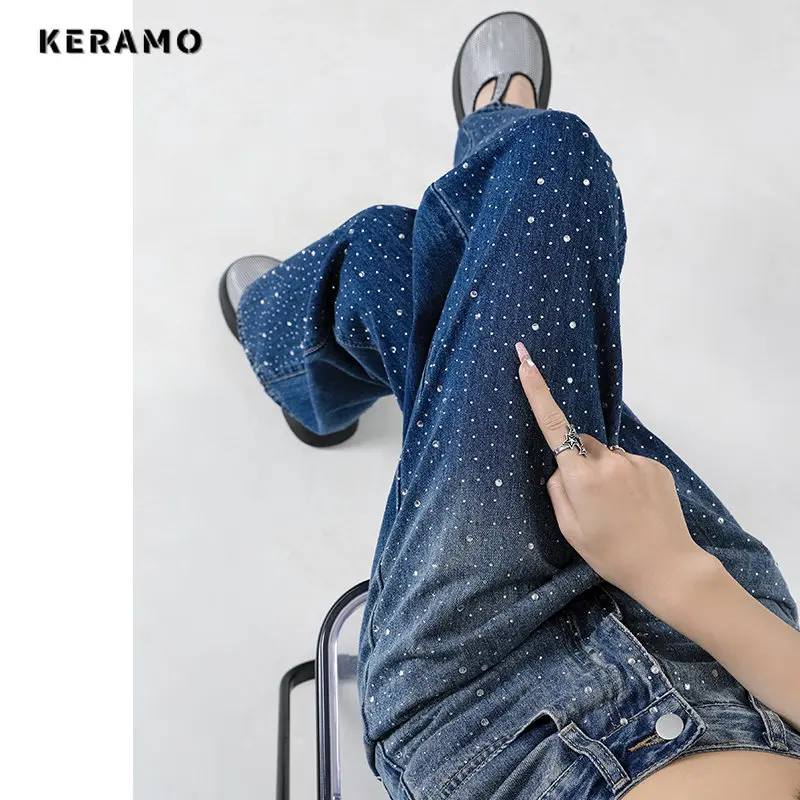 

Streetwear Style Blue Straight Vintage High Waist Jeans Pants Women's Wide Leg Baggy Y2K Dot Print Full Length Denim Trouser
