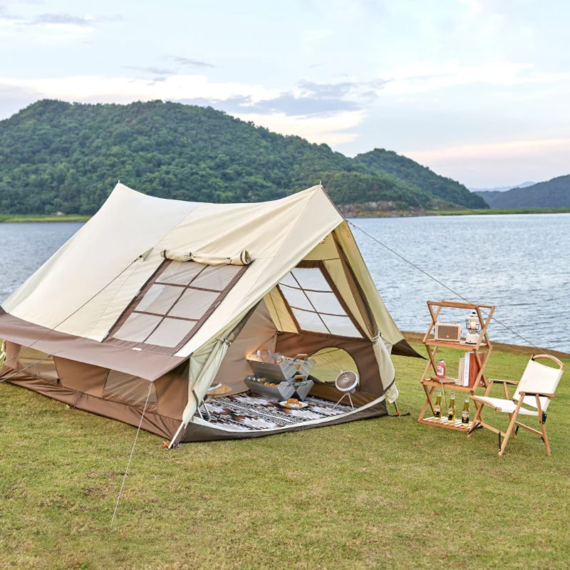 Cotton Roof Tent Outdoor Camping Anti-mosquito And Rain-Proof Camping Tent Large Window Herringbone