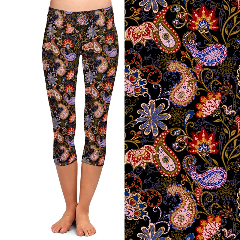 LETSFIND Summer New Women Leggings 3D Paisley Print Capri Leggins High Waist Sexy Stretch Mid-Calf 3/4 Pants