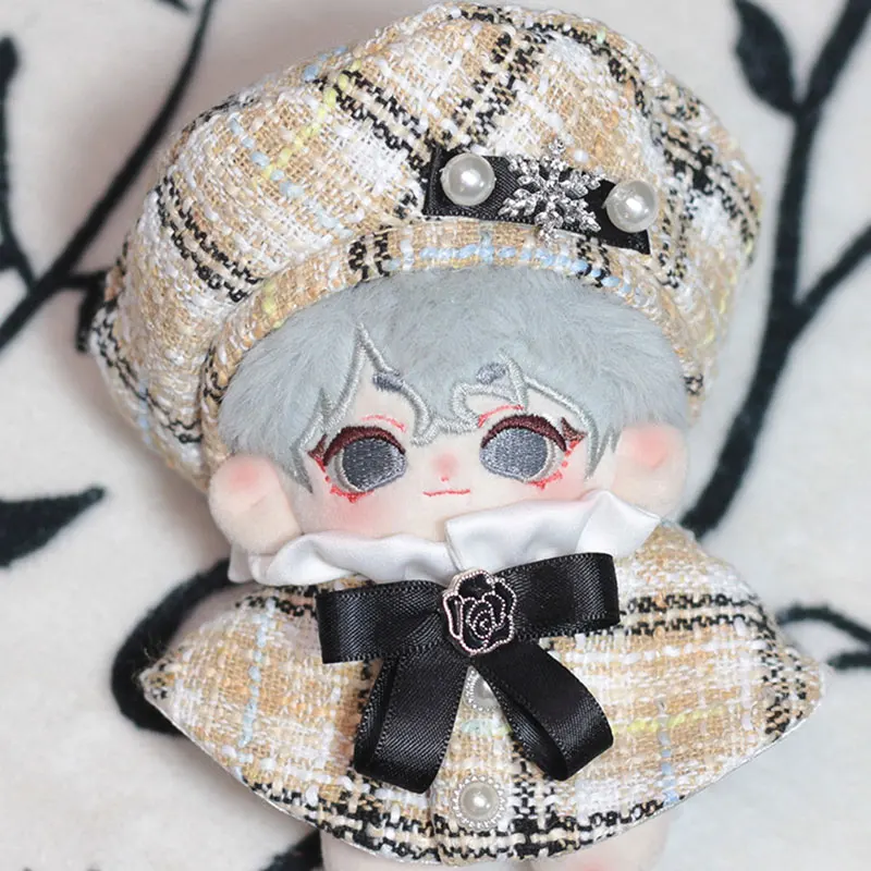 10cm Handmade Plush Doll Toy Clothes 20cm Anime Fashion High-End Pearl Beret Bow cloak Set For Boys And Girls Birthday Gifts 6