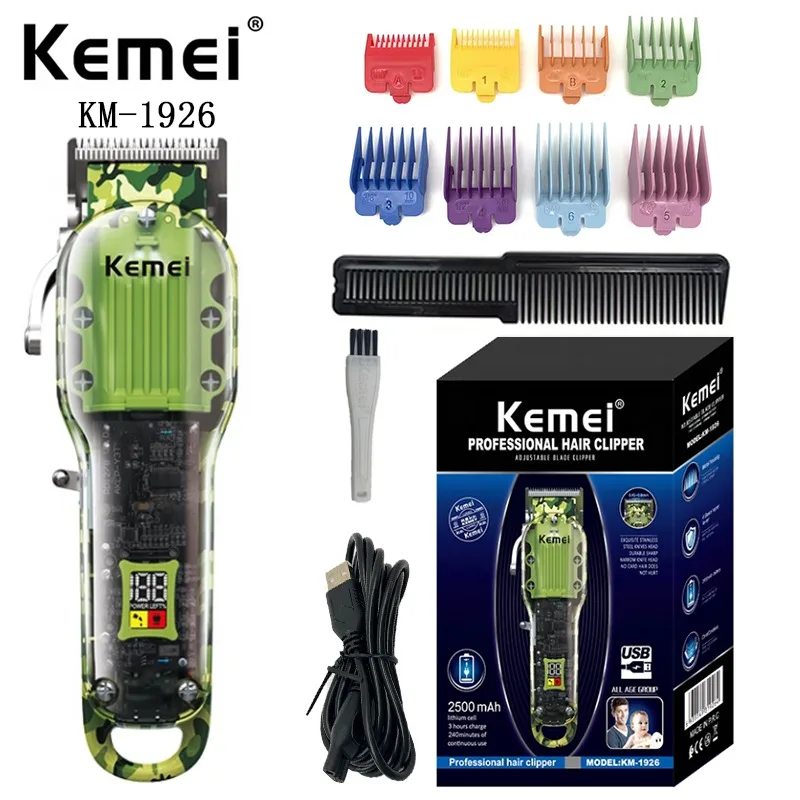 

Usb Charging Salon Professional Hair Clipper New Kemei Km-1926 Transparent Body Digital Display Rechargeable Electric Trimmer