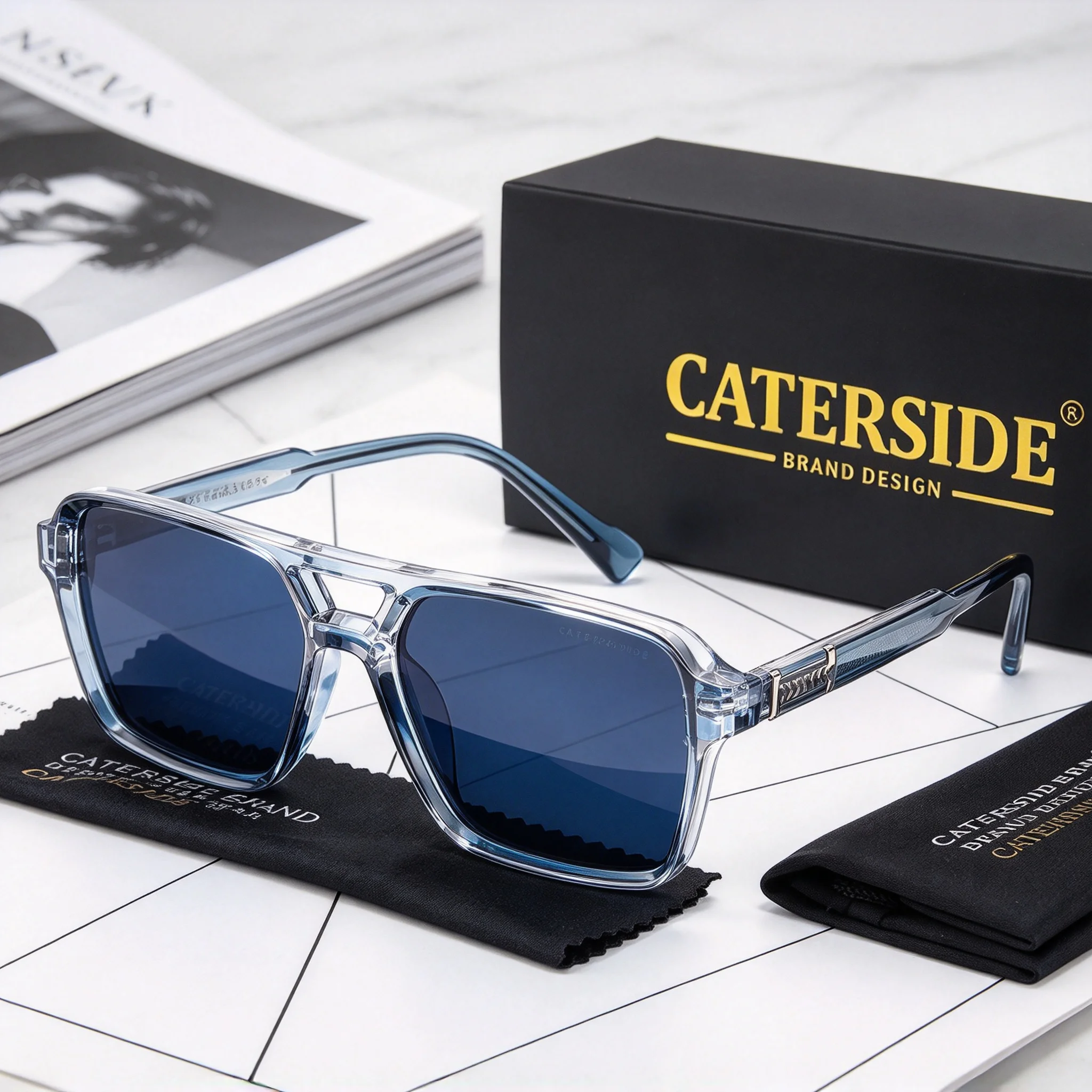 CATERSIDE Retro-Sonnenbrille, quadratisch, für Herren, Punk-Stil, flache Oberseite, Doppelbrücke, hochwertige Sonnenbrille für Damen, Party, Festival, Geschenke