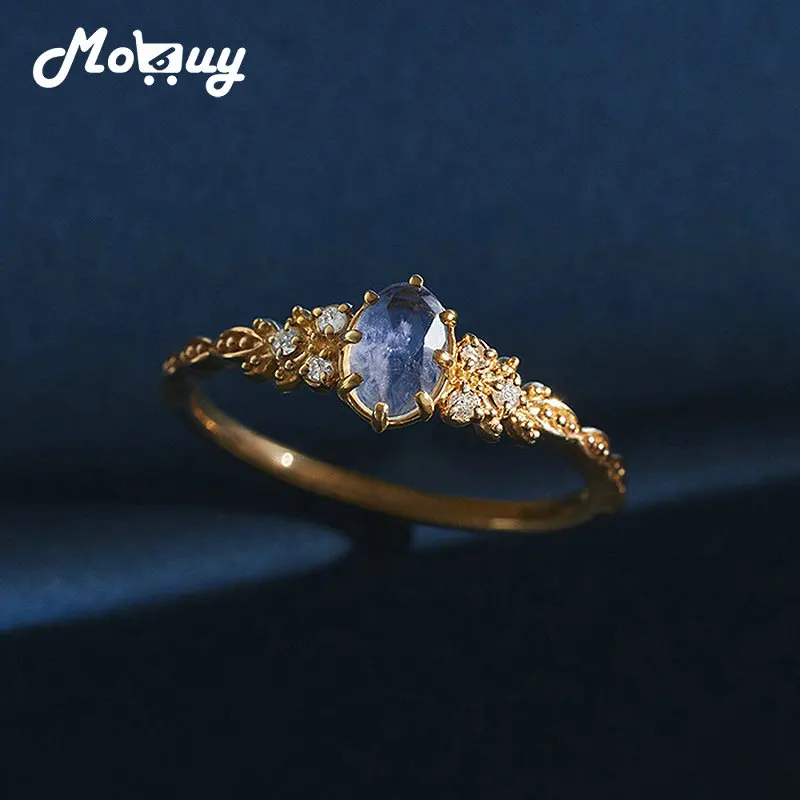 

Кольцо MoBuy из натурального драгоценного камня для женщин, лабрадорит, кордиерит, 925 пробы серебро с голубым камнем, кольцо с золотым покрытием, ювелирные украшения
