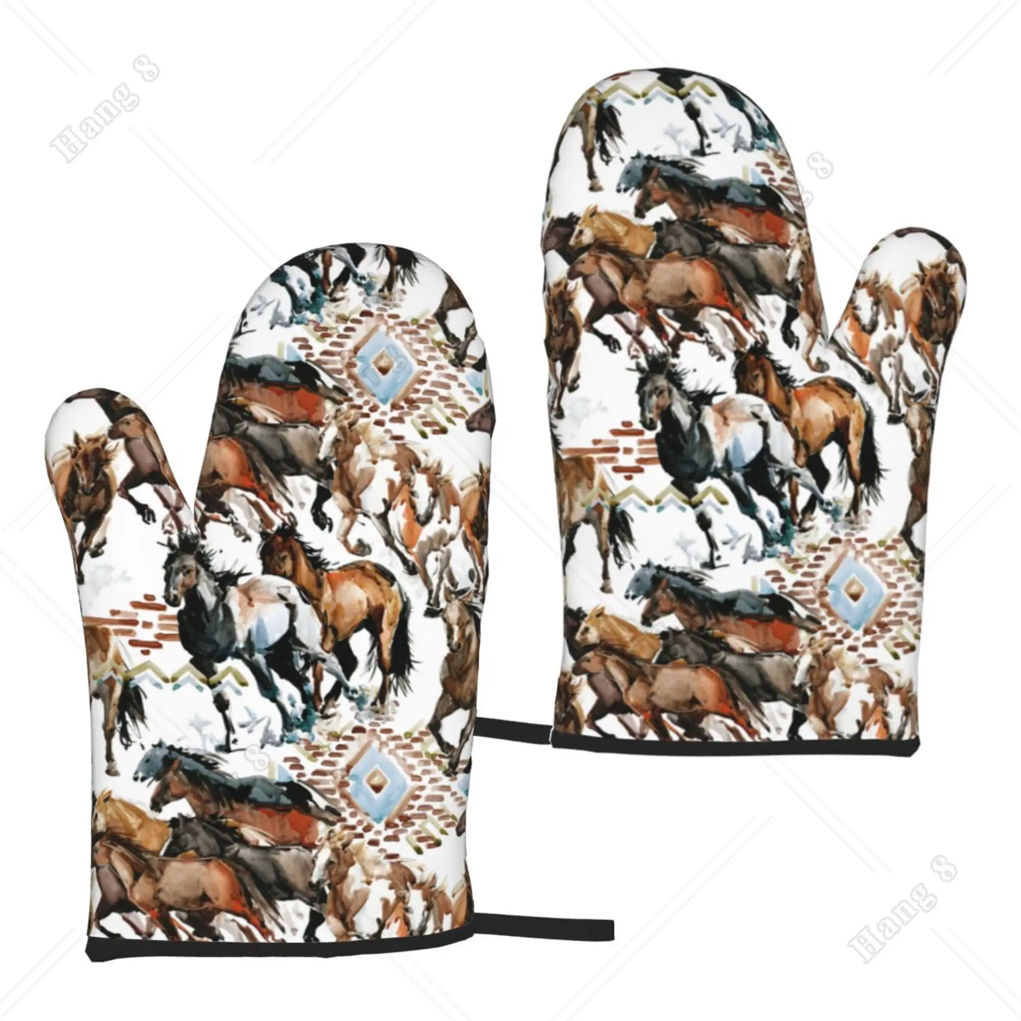 

Watecolorful Horse Running Design Oven Mitts Kitchen Gloves Set of 2 for Men Women Cooking BBQ Baking Heat Resistant Print